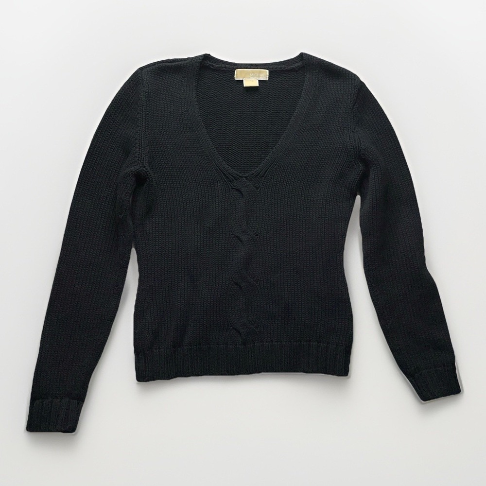 Michael Kors Women's Medium Black V-Neck Sweater Cable Knit Classic Minimal Chic